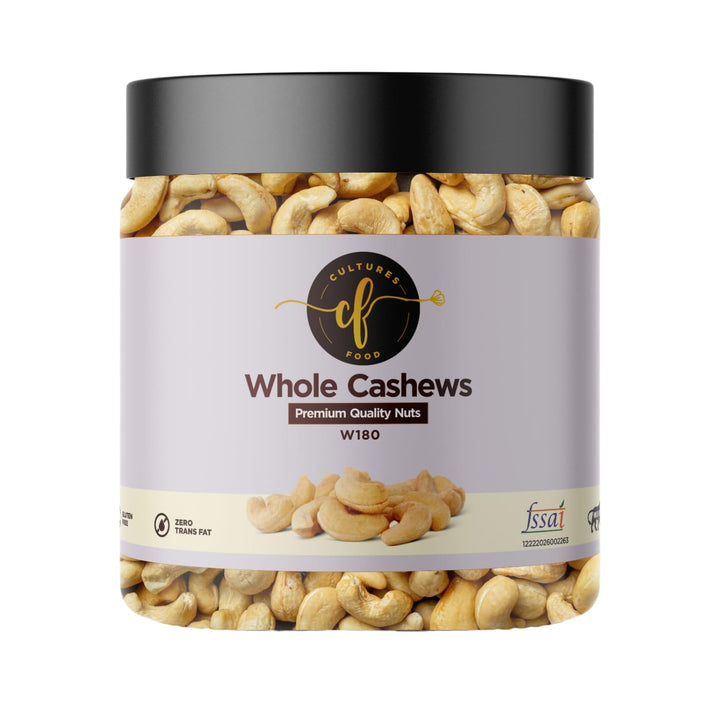 Cultures Food Premium W180 Whole Crunchy Cashew Kaju, Non GMO, Rich In Fiber, Copper, Iron, Immunity Booster, Zero Cholesterol, Gluten Free, 100% Nutrition, Plant Based Protein