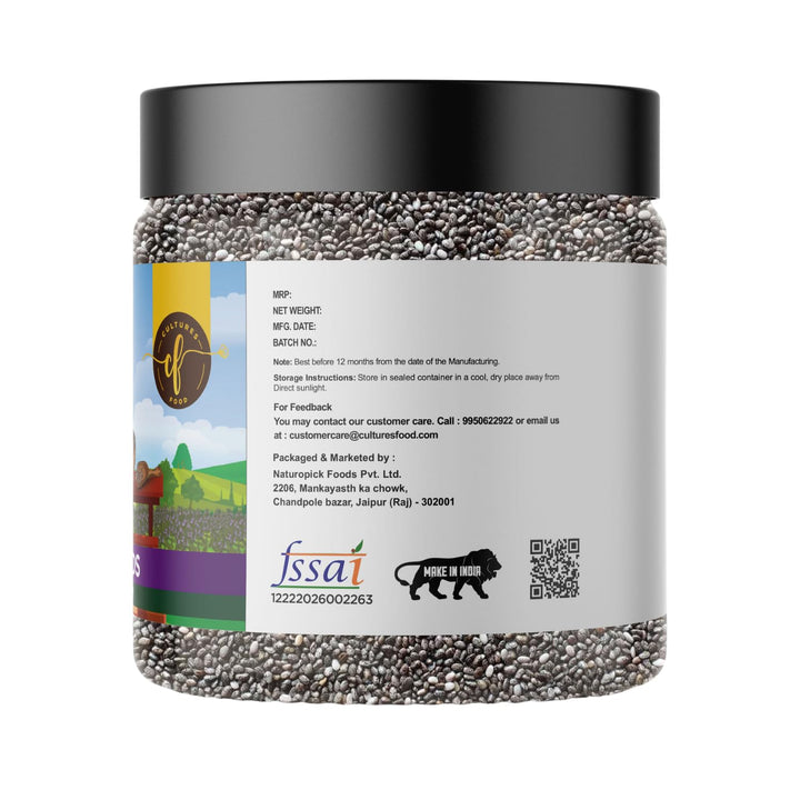 Cultures Food Premium Pure Natural Chia Seeds, Rich In Magnesium, Dietary Fiber, Omega-3, Nutrition, Immunity Booster, Zero Cholesterol, Gluten Free, Zero Trans Fat, Plant Based Protein