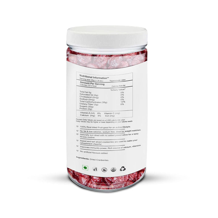Cultures Food Pure & Organic Dried Cranberries, Rich In Dietary Fiber, Antioxidants, Immunity Booster, Zero Cholesterol, Gluten Free, Zero Trans Fat