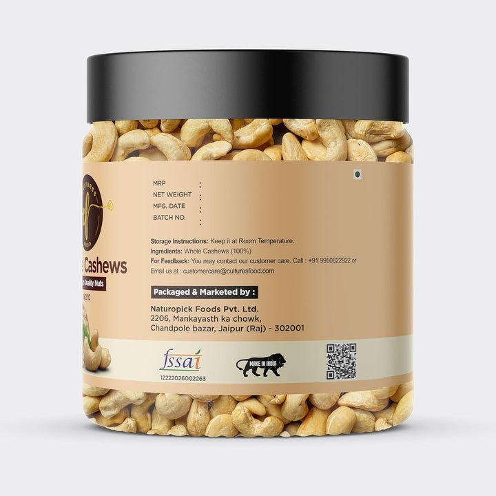 CULTURES FOOD W210 Whole Crunchy Cashew Kaju, Plant-Based Protein, Nutritious & Delicious, Gluten Free, Zero Trans Fat, Zero Cholesterol, Dry Fruits (Jar Pack)