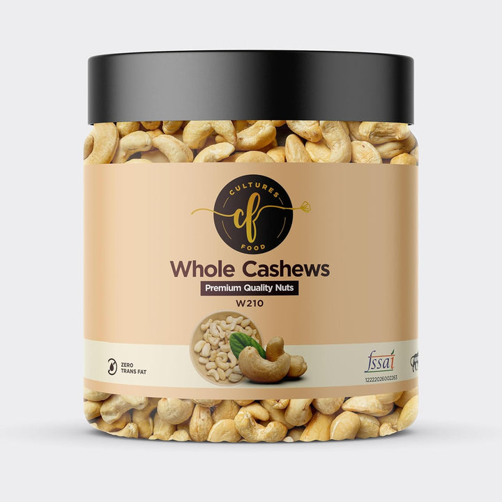 CULTURES FOOD W210 Whole Crunchy Cashew Kaju, Plant-Based Protein, Nutritious & Delicious, Gluten Free, Zero Trans Fat, Zero Cholesterol, Dry Fruits (Jar Pack)