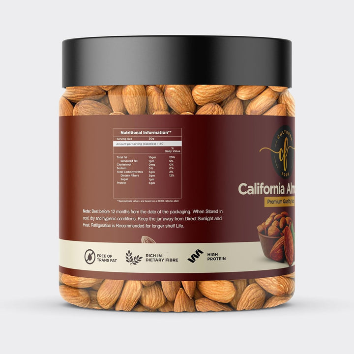 Cultures Food Premium Raw California Almonds Badam Giri, Unsalted, Crunchy, Non-GMO, Gluten-Free, 100% Natural, Zero Preservatives, Immunity Booster, Rich In Fiber, Iron and Calcium