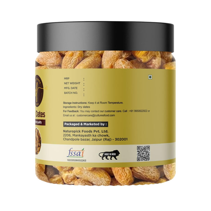 CULTURES FOOD Premium Dry Dates Khajoor/Khajur/Chuara, High Dietary Fiber, High Energy, Immunity Booster, Gluten Free, Zero Preservatives, Plant-Based Products, No Artificial Flavour