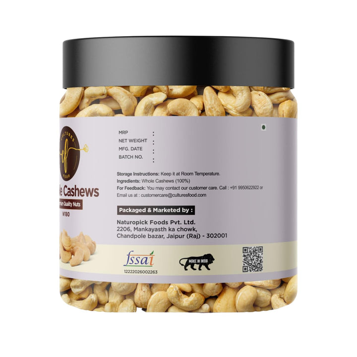 Cultures Food Premium W180 Whole Crunchy Cashew Kaju, Non GMO, Rich In Fiber, Copper, Iron, Immunity Booster, Zero Cholesterol, Gluten Free, 100% Nutrition, Plant Based Protein