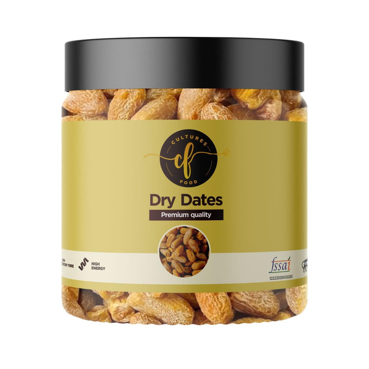 CULTURES FOOD Premium Dry Dates Khajoor/Khajur/Chuara, High Dietary Fiber, High Energy, Immunity Booster, Gluten Free, Zero Preservatives, Plant-Based Products, No Artificial Flavour